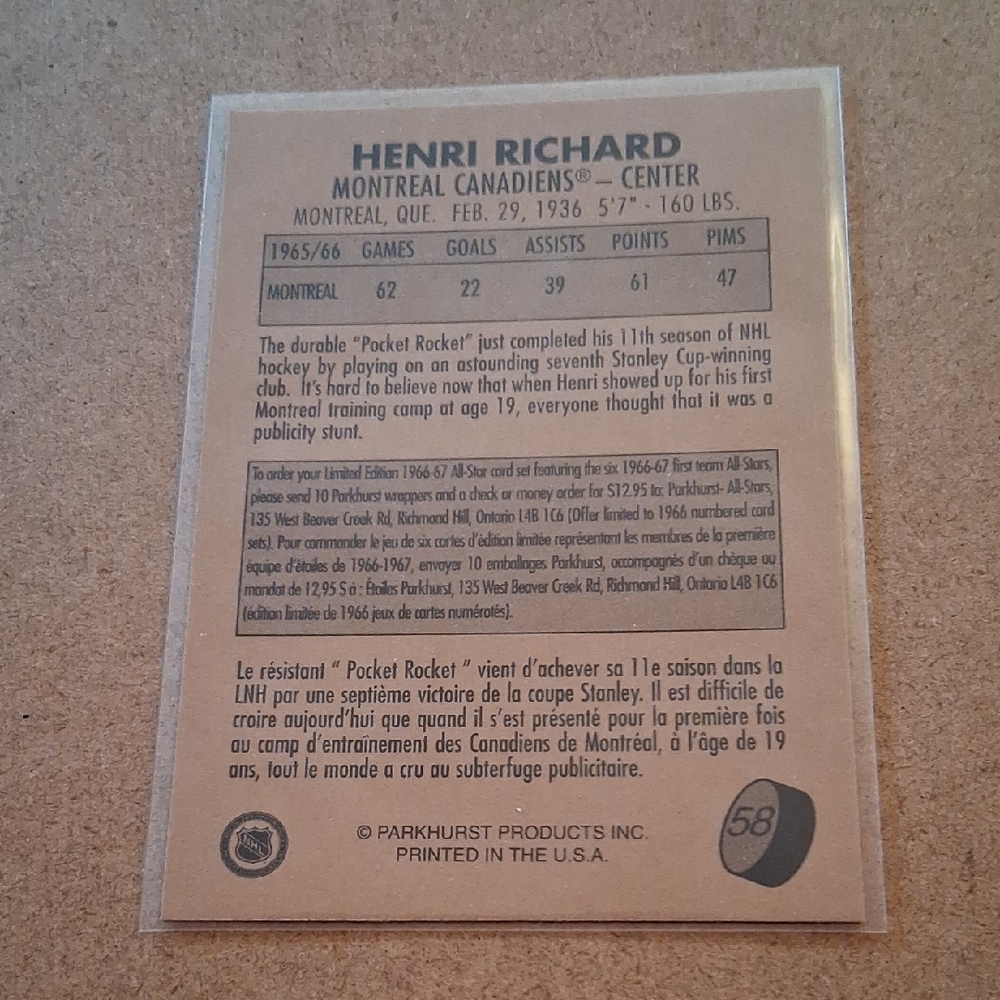 Henri Richard Hockey Card - Picture 2 of 4